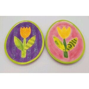 2 Dept 56 Easter Egg Plates With Tulips Pink Purple